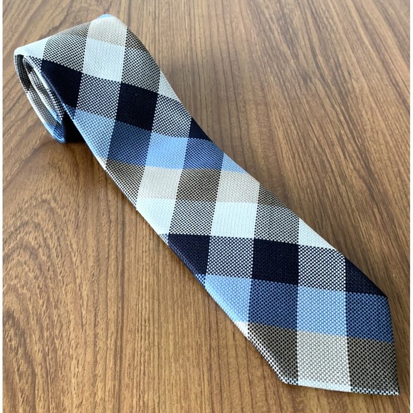 John W. Nordstrom Other - John W. Nordstrom Mens Plaid Checked Silk Linen Tie Preppy Business Blue Tan
